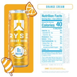 RYSE Functional Energy Drink - Orange Cream - 150mg Natural Caffeine, 8g Whey Protein & 1g Prebiotics - Sugar Free, Gut-Friendly, Bloat-Free - 12 fl oz Cans (12-Pack)