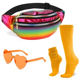 Holographic Fanny Packs for Women Men,80s 90s Fanny Pack,Orange Heart Glasses,Orange Slouch Socks,Crossbody Fanny Packs for Women,Metallic Color Sport Waistbag,Fashion Shiny Waterproof Waist Pack