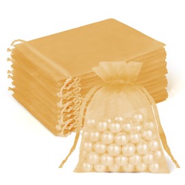 Crweety 50 Pcs 3x4 Inch Gold Organza Bags, Small Mesh Gift Bags Drawtring for Wedding Favor Bridal Shower Party Favor, Luxury Jewelry Pouches for Holiday & Christmas Gift Wrap