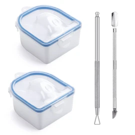 Cuenco de remojo de uñas, 2 piezas de esmalte de gel remojador de polvo de inmersión con pelador de cutículas triangular y empujador de cutículas de acero inoxidable (azul)