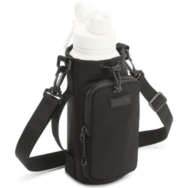 Refoiner Water Bottle Cover, Large Capacity, Water Bottle Holder, For Kids, Adults, Plastic Bottles, Portable, Crossbody Hanging, Handbag, Smartphone Storage Pocket, Adjustable Strap, Convenient Storage, Suitable for Commuting to Work or School, Travel, Mountain Climbing, Fitness, Black