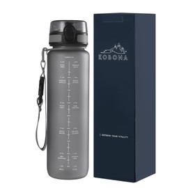 KOBONA 1L Motivational Smart Water Bottle with Time Marking Hydration Tracking Reminder for Sports Fitness - Wide Mouth for Ice, Fruit Infuser, Leak Proof, Light-Weight BPA Free Tritan Material, GREY