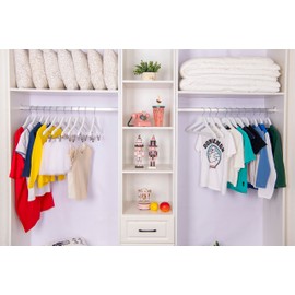 Quality Hangers 20 Pack Kids Skirt Hangers 14 Inches - Junior Preteen Youth Wooden Clothes Hanger with Curved Shoulder Swivel Chrome Hook Adjustable Metallic Clips & Nonslip Notches (White, 20)