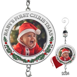 Baby's First Christmas Enameled Photo Ornament - Holly & Red Rhinestone Accents - Snowman Hook & 2024 Dated Hanging Charms - Gift/Storage Bag Included