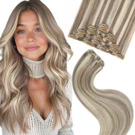 FUBILI clip in human hair extensions Ash Brown Highlights Platinum Blonde 75g 7pcs 16 Inch Real Hair Extensions Natural Remy Hair Double Weft Thick Silky Straight Clip in Hair Extensions