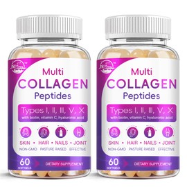 Multi Collagen Peptides Softgel - Type I, II, III, V, X - Hydrolyzed Collagen Peptides with Biotin, Vitamin C, Hyaluronic Acid, Supports Skin Hair Nail, Grass-Fed, Non-GMO, 60 Softgel, 2 Pack