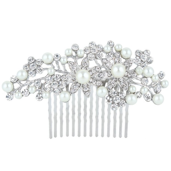 Beautyxyz Bridal Flowers Cream Simulated Pearl Clear Austrian Crystal Hair Comb #828