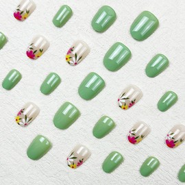 Short Press on Nails Oval Fake Nails with Floral Designs Green Nails Press ons Glossy Glue on Nails Summer Acrylic Nails Spring False Nails Nude Stick on Nails for Women 24Pcs