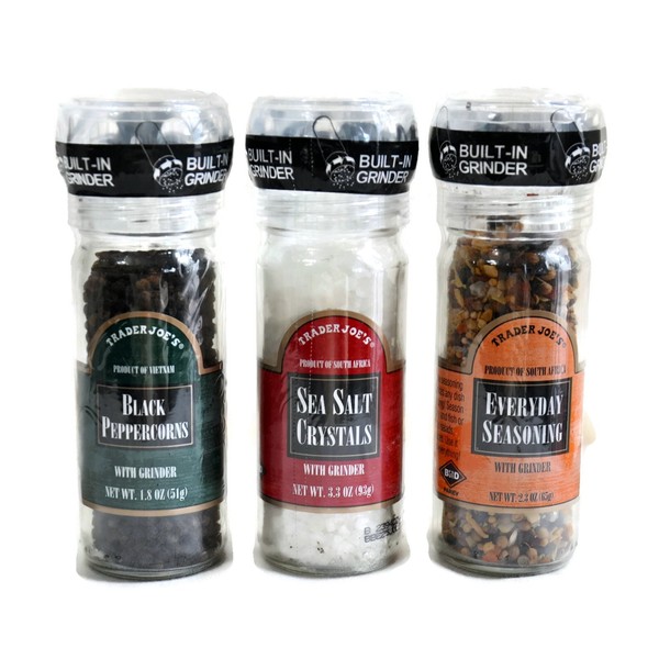 Trader Joe's Gourmet Set with Built in Grinder Combo: Black Peppercorns 1.8 Oz & Everyday Seasoning 2.3 Oz & Sea Salt Crystals 3.3 Oz Bundle