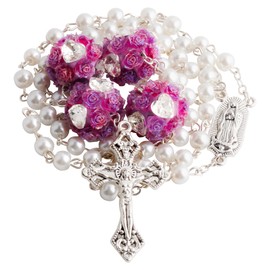 HELLOWIN Women 6mm Glass Pearl Rosary Beads Necklace Catholic Guadalupe Medal Crucifix Beaded Y Necklaces with Flannel Bag (purple)