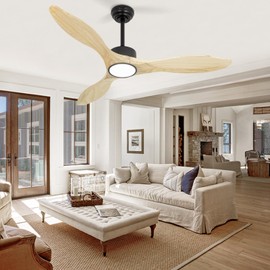 Revoici 52 inch Ceiling Fans with Lights and Remote, 3 Natural Wood Blades, Modern Indoor/Outdoor Ceiling Fan for Living Room Bedroom Farmhouse Patio, 6 Speeds, Dimmable, Noiseless Reversible DC Motor