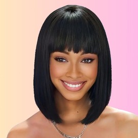 HOTJAR 10 Inch Bob Wig With Bangs Human Hair Short Straight Bob Wig Human Hair Glueless With Bangs For Women Non Lace Front Wig (019# 10 Inch NT#)