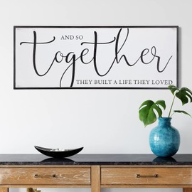 Synovana And So Together They Built A Life They Loved Sign 42" x 16" Rustic Large Wooden Wall Sign with Frame Farmhouse Wall Sign for Bedroom Above Bed Wall Hanging Decoration