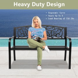 Unbranded US 50" Outdoor "Welcome" Pattern Backrest Cast Iron&PVC Bench Garden Yard Chair