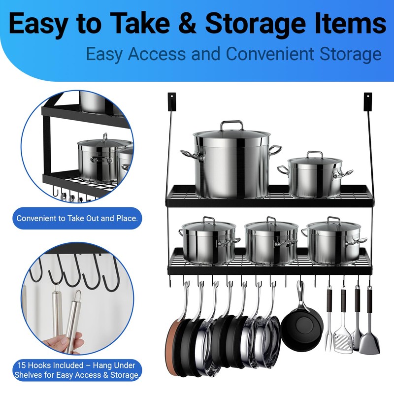 Miyili 30-Inch Kitchen Pot Rack with 15 Hooks, Wall Mounted