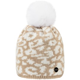 MFAZ Morefaz Ltd Winter Women Hat Ladies with Panther Worm Hats with Soft Fleece Lining Knitted (UK, Alpha, One Size, Beige)
