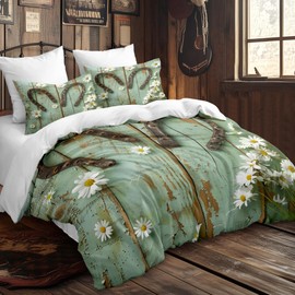 CCoutueChen Western Comforter Set Queen Size,Rustic Ranch Country Horseshoe Bedding for Women,3Pcs Vintage Farmhouse Summer Decor Lightweight Comforter with 2 Pillowcases,Sage Green