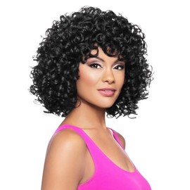 Foxy Lady Wigs Larissa Wig Color 1 Black - Full Bouncy Curls Medium Length Extra Curly Fusion Heat Friendly Synthetic Fiber Womens Face Framing Hairline Bundle Maxwigs Hairloss Booklet
