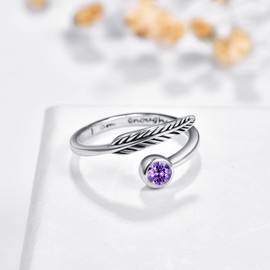 Birthstone Adjustable Open Feather Ring 925 Sterling Silver Birth Stone Ring Jewelry Gift Birthday Gift for Mom Women Wife Girls (I-amethyst ring)