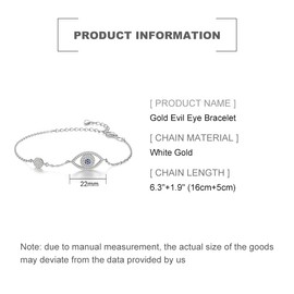 Solid 14K Gold Over 925 Silver Moissanite Evil Eye Bracelet for Women,Dainty Adjustable Evil Eye Charm Chain Bracelet,Fashion Christmas Jewelry Gift for Her (White Gold, 14K Gold)