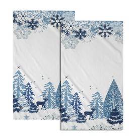 Giwawa Winter Snowflake Towel Set of 2 Xmas Deer Elk Microfiber Larger Hand Face Towel Christmas Tree Moose Blue Fingertip Towel Fast Drying Wildlife Washcloth for Bathroom Spa Home