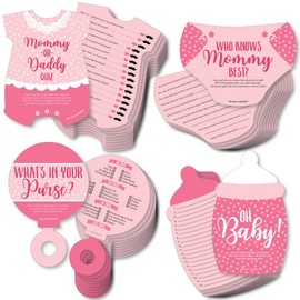 Big Dot of Happiness Baby Girl - 4 Pink Baby Shower Games - 10 Cards Each - Who Knows Mommy Best, Mommy or Daddy Quiz, What’s in Your Purse and Oh Baby - Gamerific Bundle