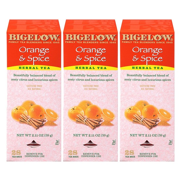 Bigelow Orange & Spice Herbal Tea 28-Count Box (Pack of 3) Caffeine-Free Soothing Herbal Tea Sweetly Citrus-y Tea with an Herbal Twist in Foil-Wrapped Bags