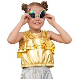 Metallic Shirts for Girls Gold Tank Tops Sparkly Sleeveless Crop Tops Dancewear Outfits Funny Glasses Size 6 7