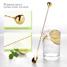 Homestia 2 in 1 Bar Muddler Spoon, Cocktail Mixing Stirrers + Fruit Smasher for Drink, 12 Inch 304 Stainless Steel Bar Spoon Spiral Long Handle Cocktail Spoon Gold