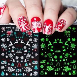 Christmas Luminous Nail Art Stickers, Fluorescent Nail Self-Adhesive Decals, Glow in The Dark Nail Art Design Snowflake Elk Christmas Nail Sticker Decoration for Women Manicure 3D Nail Decal（6Sheet)