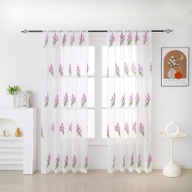 Floral Sheer Curtains Embroidered Lavender Purple Flower Semi Sheer Window Curtains for Bedroom Living Room Rod Pocket Curtains 2 Panels 55"W x 71"L