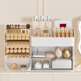 FYABREEK Makeup Organizer with 2 M Drawers & Brush Holders - Cosmetic Storage Case for Vanity, Bathroom Countertop & Desk - Skincare & Office Supplies Organizer (White, M)