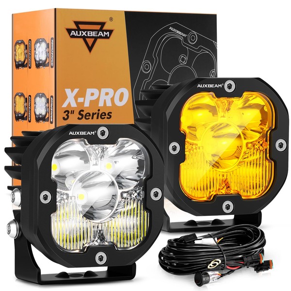 Auxbeam X-PRO Series LED Pods Spot Flood Combo Reflector, 3 inch 80W 9600LM Far & Wide Off Road Light Bar, Yellow/White Covers Interchangeable LED Cube Lights Offroad Amber Fog Lights, Pair