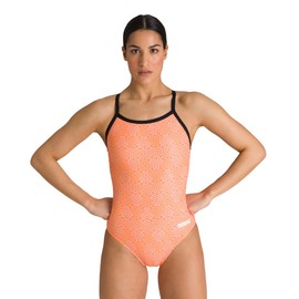 ARENA Women's Kikko Light Drop Back One Piece - Chlorine Resistant, UV Protection, Supportive Thin Straps Swimsuit,Black-Multi Orange,22