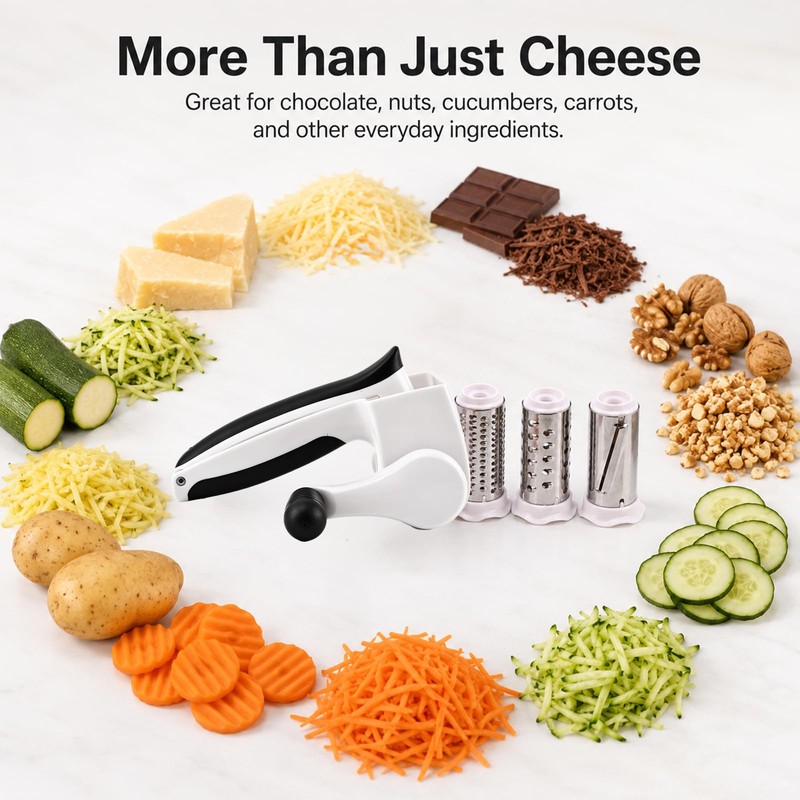 Cheese Grater Hand Crank, 3 Stainless Steel Drums ABS Cheese