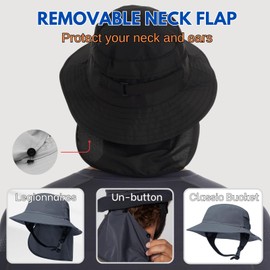 OZ SMART Australia Surfing Bucket Hat with Chin Strap and Ear Covers, Men/Women Wide Brim Sun Hat for with Detachable Neck Flap, UPF 50 UV Protection Black