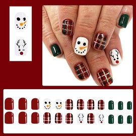24 PCS Christmas Press on Nails Green Short Square - ZWENJIE Winter Cute Red Fake Nails Full Cover Artificial Acrylic False Nail Color Glitter Plaid Snowman Elk Designs Xmas Holiday Glue on Nails Kit