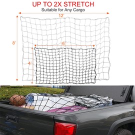 ALMNCBH Cargo Net for Pickup Truck Bed - 4' x 6' Stretches to 8' x 12' Latex Bungee Net Mesh with 12 Clips, Truck Bed Accessories for Dodge RAM, Ford, Chevy, Toyota for SUVs, Cars and Trucks