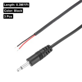 DMiotech 3PCS 3.5mm 1/8" Male Plug Jack Connector Audio Cable 2 Pole Mono Aux Cable Replacement Repair Bare for Headphone Headset Earphone 0.3M/1Ft Black