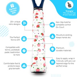 GET A GRIP - Custom Tennis Racket Grip Tape - Anti-Slip/Quick-Drying Tennis Overgrips - Precut Badminton Racket Grip with Finishing Tape - Squash Racket Grip Tapes (Strawberries & Cream, 1 Grip)