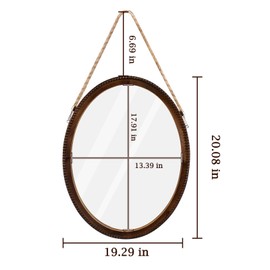 OKSQW 20 Inch Oval Wall Mirror Wooden Bead Frame Art Decorative Rustic Farmhouse Wooden Mirror Hanging Mirror with Rope for Entryway Bedroom Living Room Bathroom