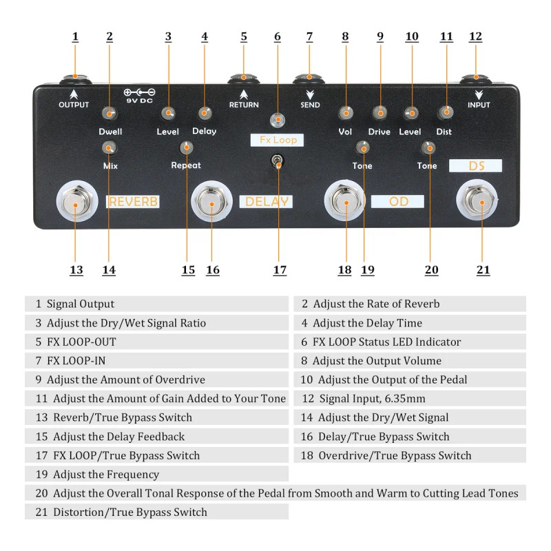 Pedal De Efecto Multi Efeitos Overdrive Distorsión Fx Loop