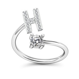 Yifnny Alphabet Ring, Initial Ring 26 Alphabet Inlaid Cubic Zirconia Capital Letter A-Z Open Adjustable Mid Finger Ring Silver Initial Letter Rings for Women (H)