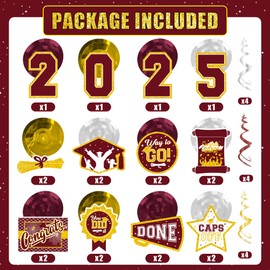 32PCS Maroon and Gold Graduation Decorations 2025 - NO DIY -Class of 2025 Graduation Hanging Swirls for Classroom Ceiling Office High School College Congrats Grad Graduation Party Decorations Supplies