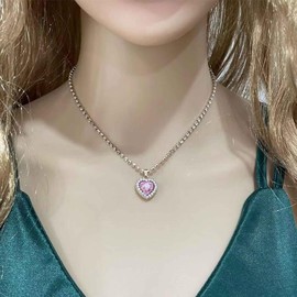 Yienate Boho Crystal Tennis Necklace Choker Sparking Pink Rhinestone Heart Pendant Necklaces Pave Crystal Heart Charm Necklace Statement CZ Bridal Wedding Necklace Jewelry for Women and Girls