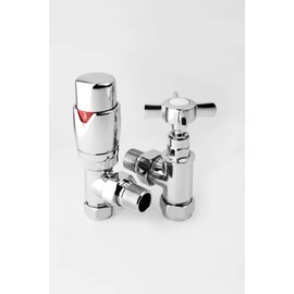 Greened House Krackow Angled Designer TRV Thermostatic Radiator & Towel Rail Valve with Traditional Cross Head Valve Column Radiator Valve