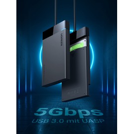 UGREEN Festplattengehäuse 2,5 Zoll USB 3.0 Externes Gehäuse UASP , Festplatte Gehäuse für 2 5 Zoll SATA SSD und HDD in Höhe 9.5mm 7mm USB Case mit USB 3.0 Kabel, werkzeugfreie Montage