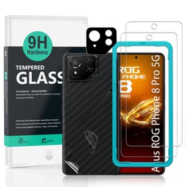 Ibywind 2 Pack Screen Protector For Asus ROG Phone 8 Pro 5G 6.78",9H Hardness Tempered Glass,With 1Pc Camera Lens Protector,1Pc Back Carbon Fiber Film