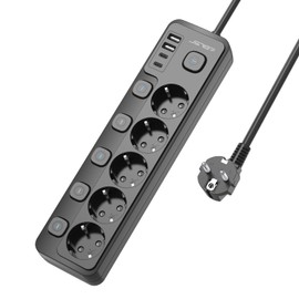 Steckdosenleiste Einzeln Schaltbar,JSVER Mehrfachsteckdose 5 Fach mit 2 USB A,2 USB C,9 in 1 Schreibtisch(3680W 16A) Steckdosen mit Kindersicherung, 2m Kabel-Schwarz