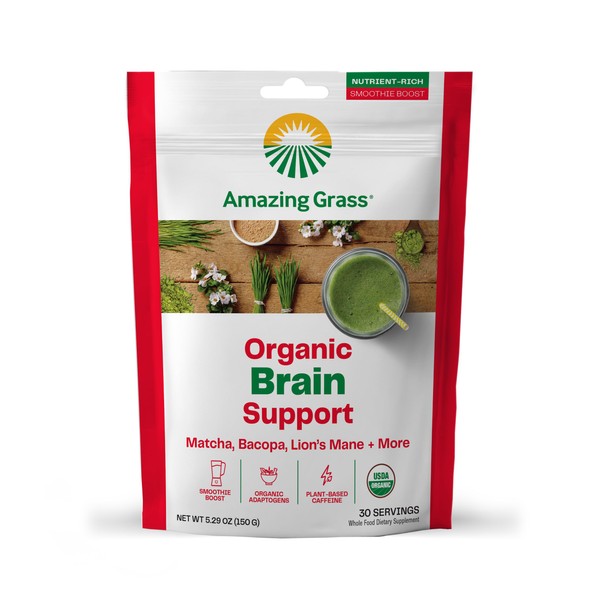 Amazing Grass Brain Booster Smoothie Mix: Greens Powder with Lions Mane, Matcha, Bacopa & Plant Based Caffeine, Smoothie Booster, Nootropics Support, 30 Servings
